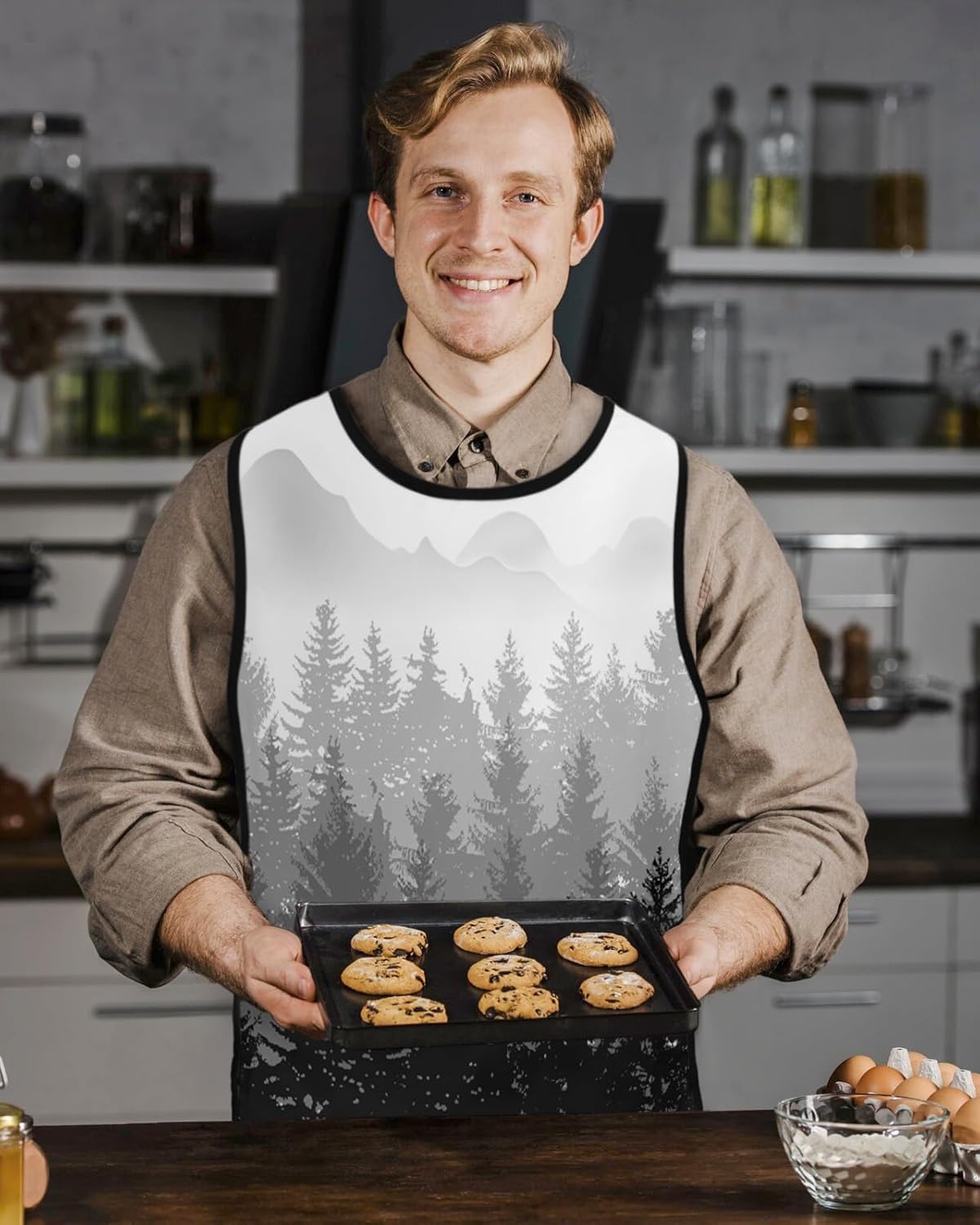Fall Autumn Tree Cobbler Aprons with 2 Pockets for Women Men, Forest Grey Black Wood-land Mountain