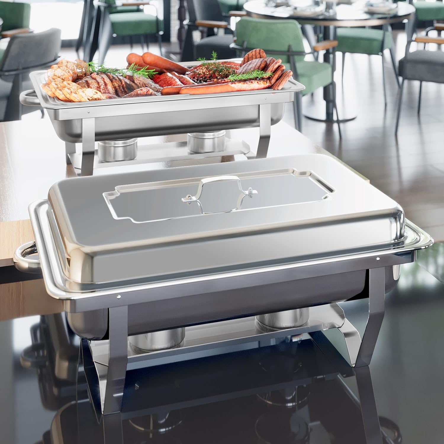 Chafing Dish Buffet Set, 4 Pack 8QT Chafing Dish High Grade Stainless Steel Chafer Complete Set, Kitchen and Dining Utensils, Gray Handle, Silver