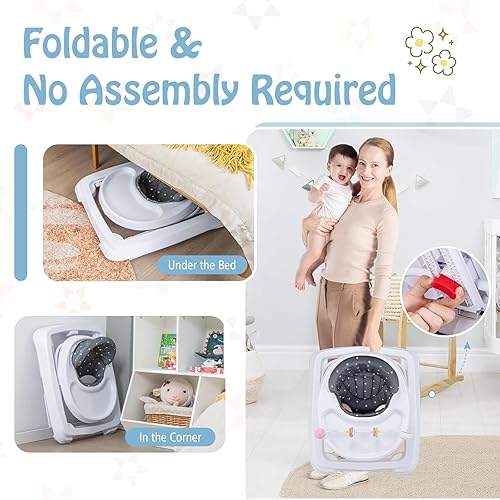 Miniatura 4 de HONEY JOY Andador de bebé, andador plegable para niños y niñas, altura ajustable, asiento acolchado con respaldo alto, caminante de actividad