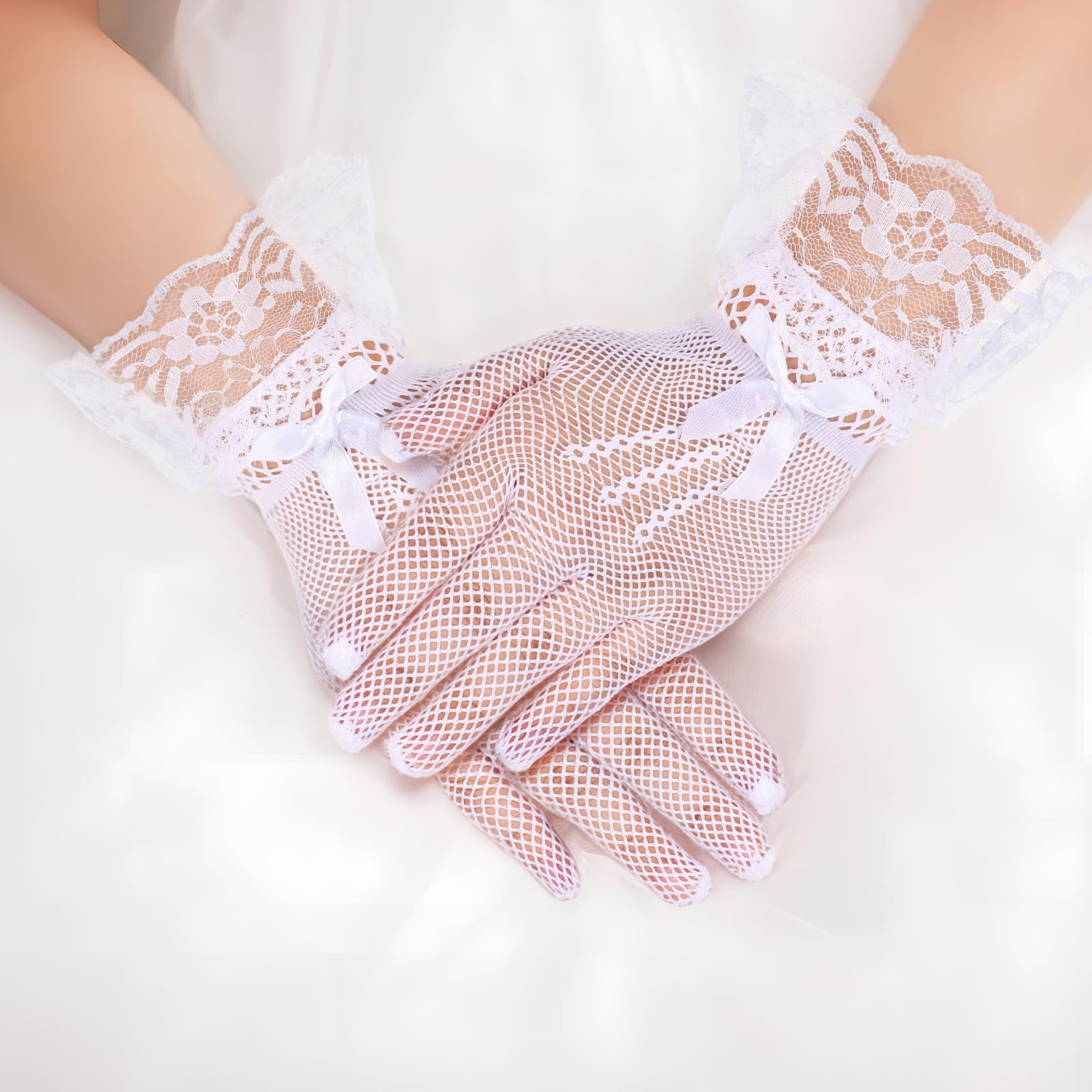 Hohopeti Guantes de Novia Blancos de Malla Encaje, 12 Pares para Boda y Fiesta de Té, Cómodos, de Poliéster Detalles de Lazos y Pedrería