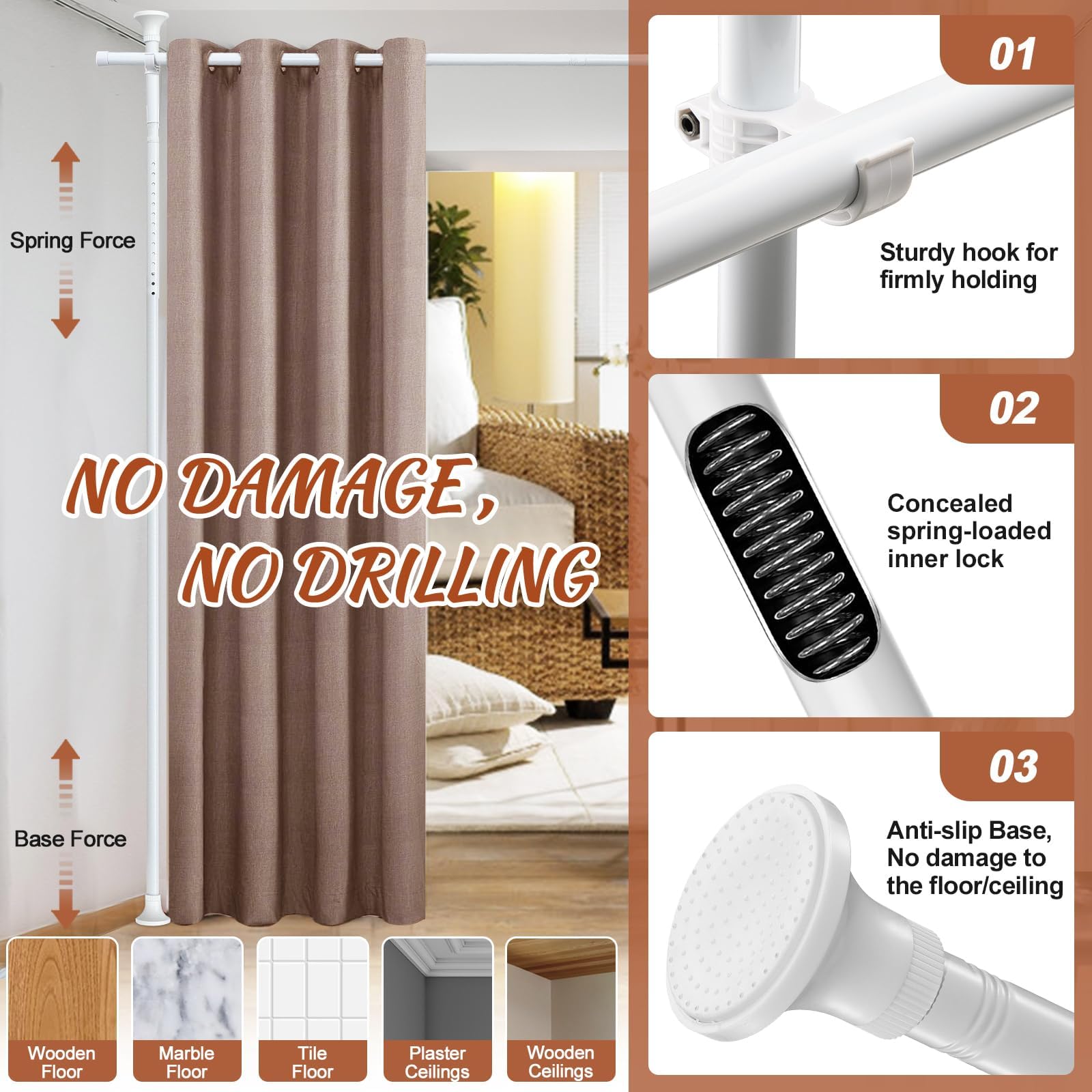 Meall Tringle à rideaux sans perçage pour salon, chambre à coucher ou bureau, 121 à 304 cm (L), 71 à 289 cm (l)