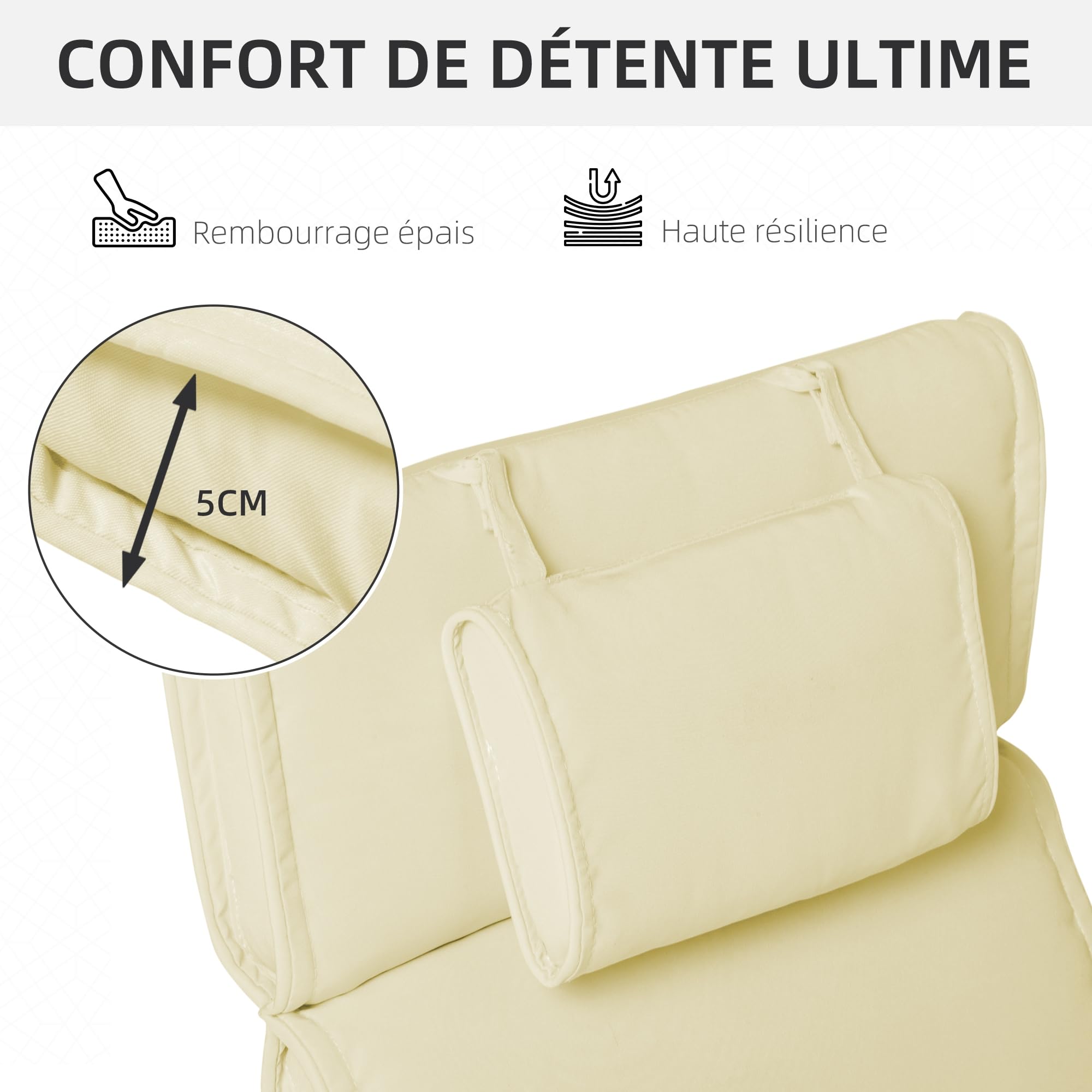 Outsunny Coussin Bain de Soleil Déhoussable Zippé 198 x 53 x 5 cm Crème