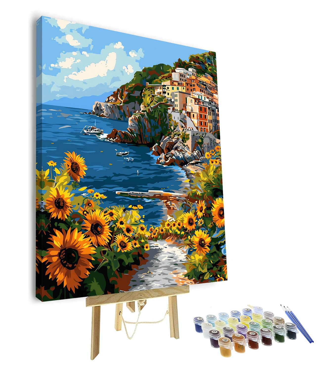 TISHIRON Paint by Numbers for Adults, Beach Painting by Numbers for Adults, Sunflowers and A Boat on A Beach Adult Paint by Number Kit Unique Gift for Adults Craft Kits, 16"x20"(Framed)