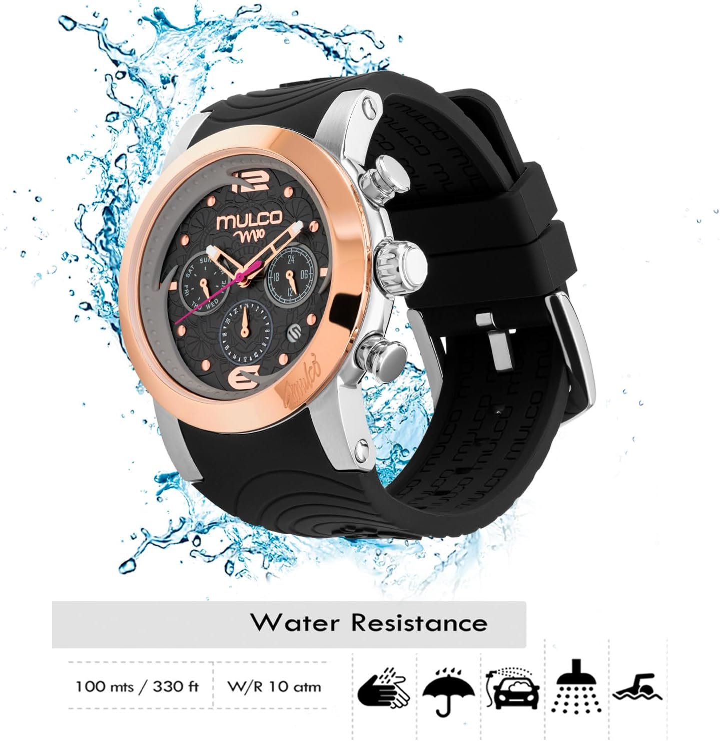 MULCO Watches for Women - M10 Namaste - Silver Stainless Steel Case with Wrist Silicone Band, Large Face with Mother of Pearl and Rose Gold, Quartz Analog Movement, Waterproof - Inspired by Magic