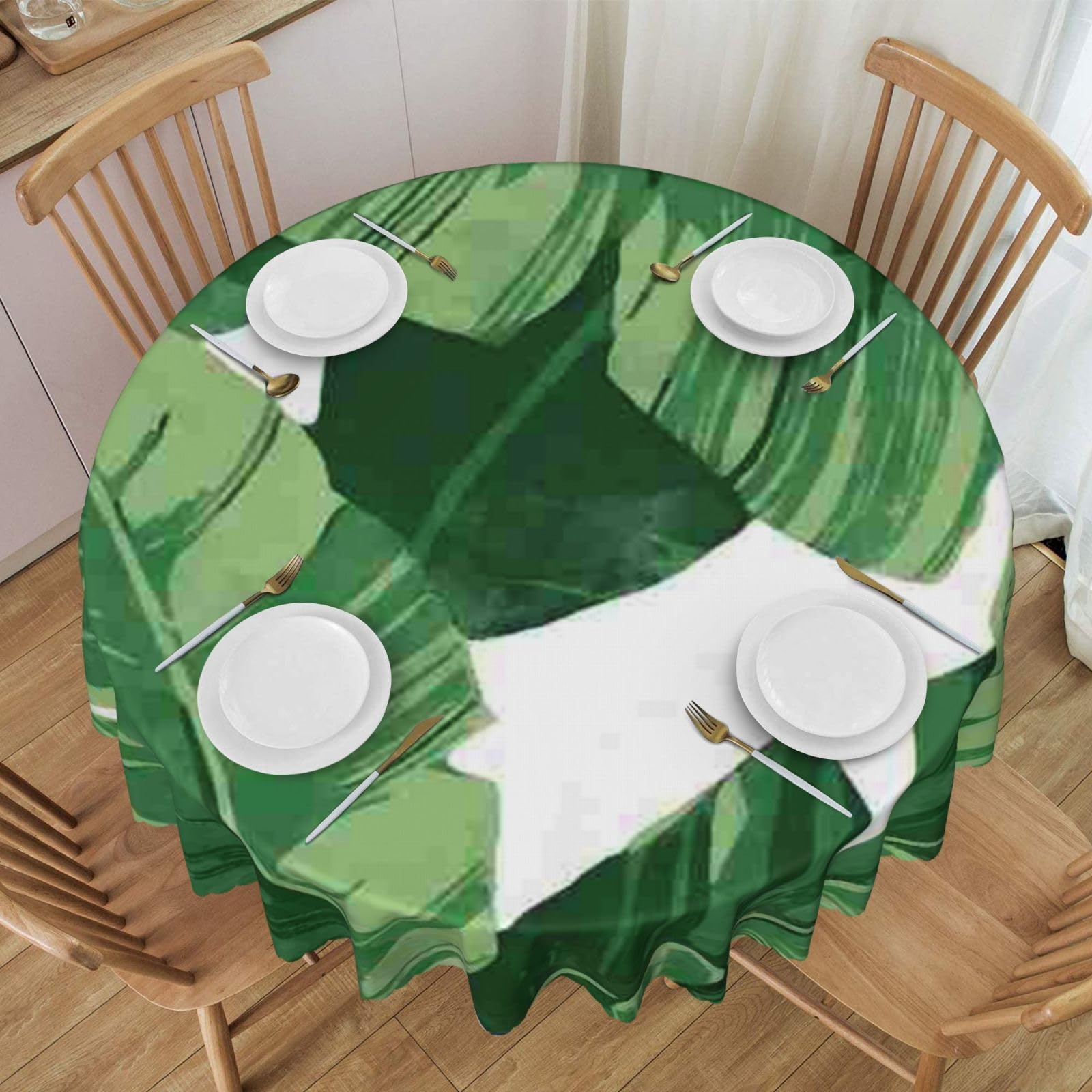 DCEHGEW 60 In Round Tablecloth with Lace, Cute green palm leaves Printed Oilproof & Washable Fabric Picnic Table Cloth Table Covers