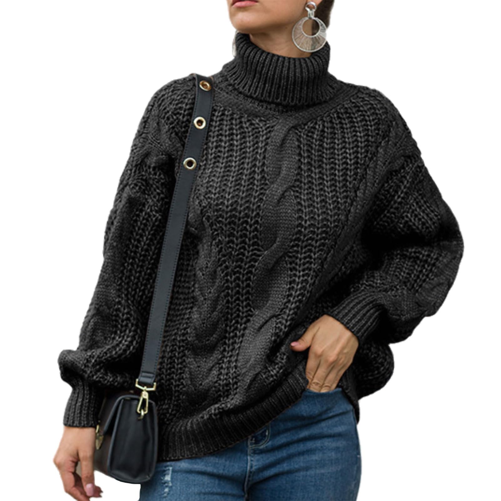 Maglione Dolcevita in Maglia a Trecce da Donna, Morbido Pullover a Collo Alto, Top Invernale Ampio a Maniche Lunghe
