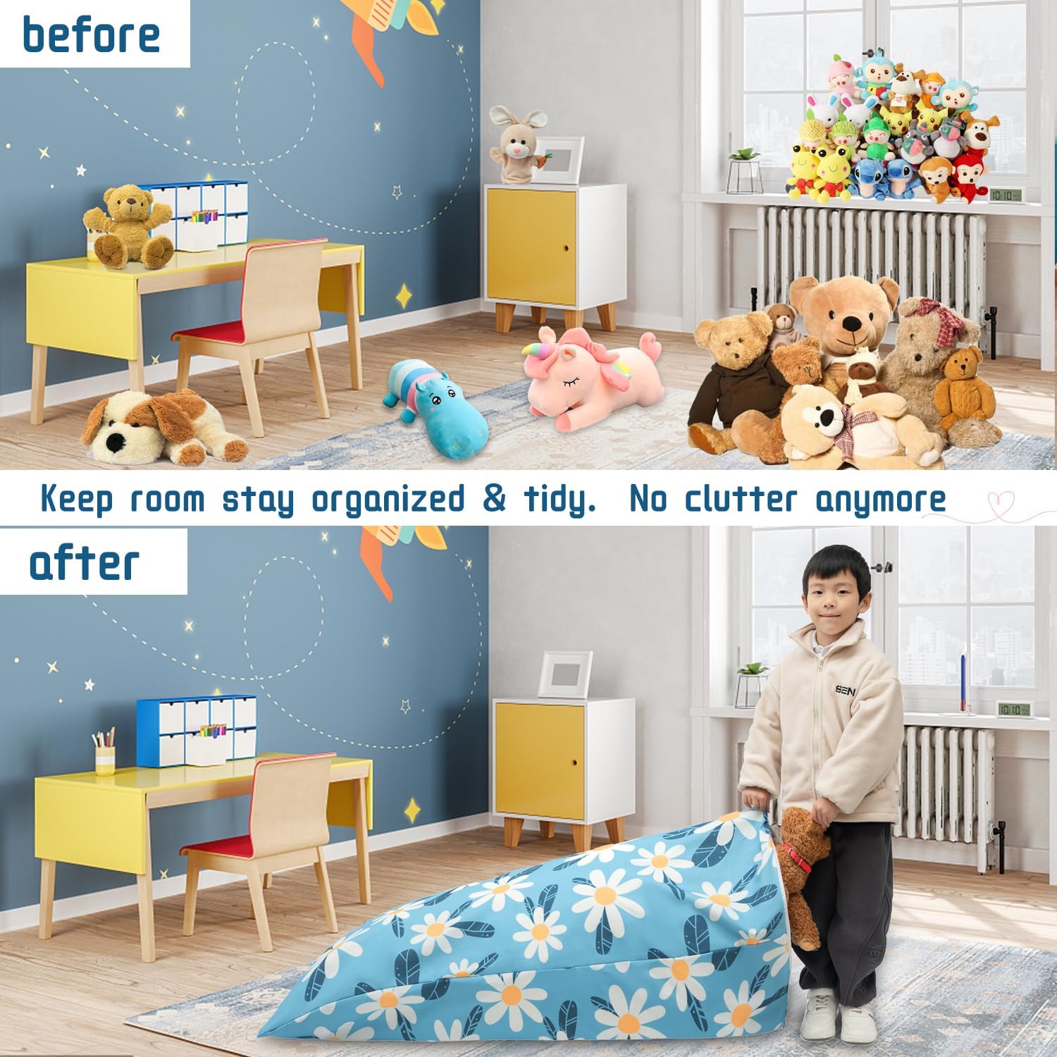 LOLOMLO Stuffed Animal Storage Bean Bag Chair Cover, 52" x 31" Extra Large Beanbag with YKK Zipper, Sit Seat Sofa for Kids Teens Adults, Hold Plush Toy Blankets Towels, 200L/52Gal, Cover Only,Sky Blue
