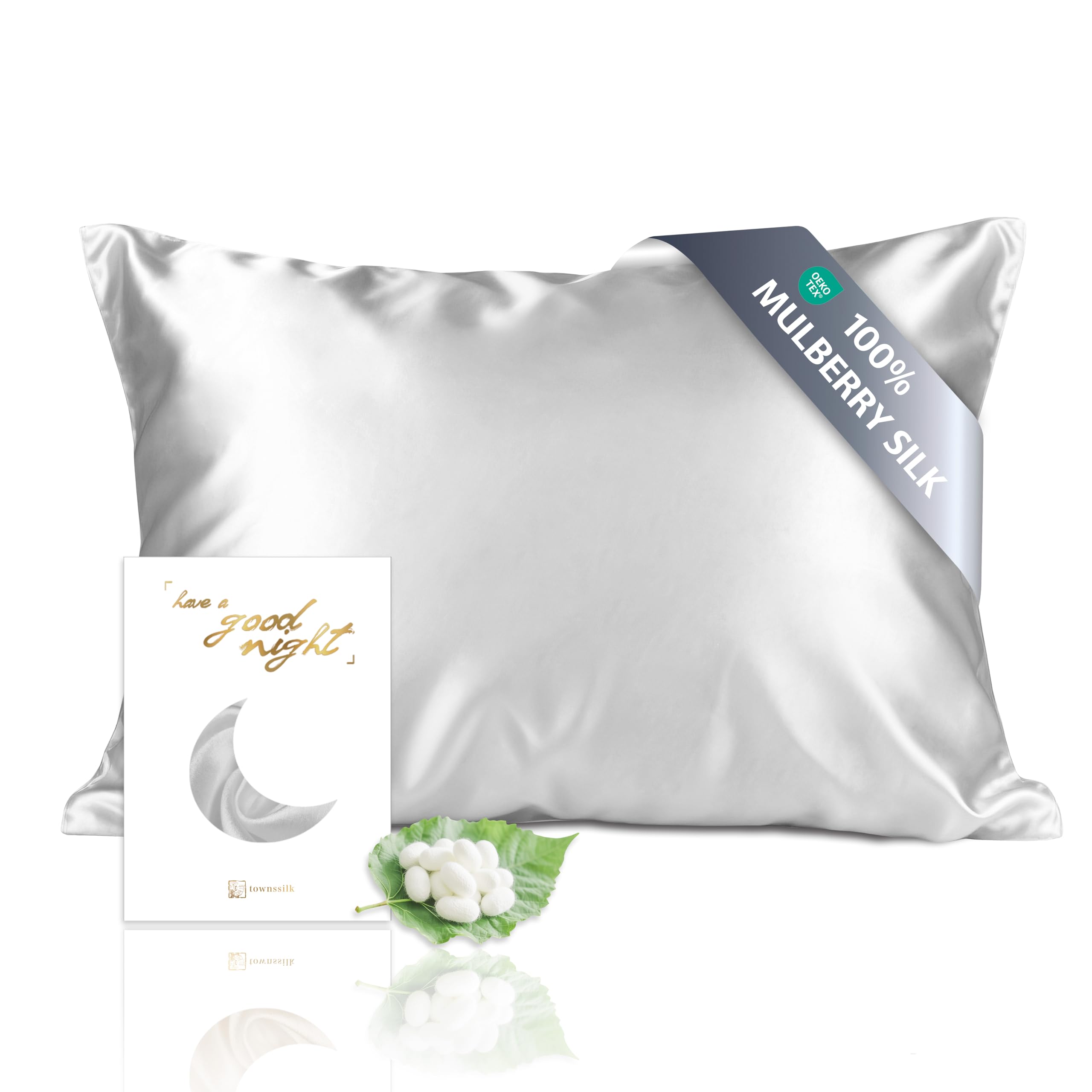 townssilk Federa seta cuscino,100% naturale seta di gelso 19momme,doppia faccia,benefica per capelli e pelle,ipoallergenica,cerniera nascosta,1 pz,50x75cm,Silver