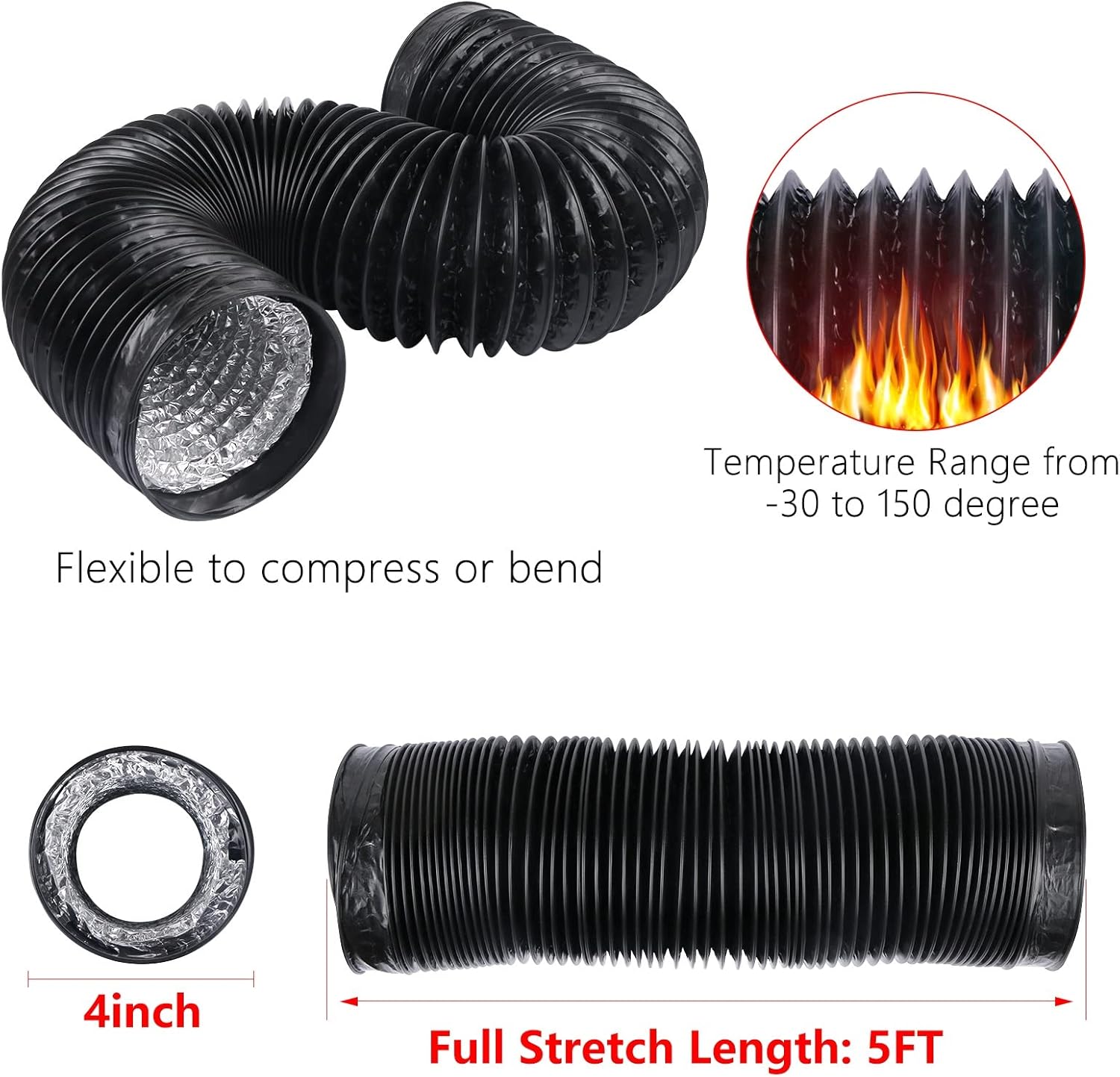 4 Inch 5 Feet Air Ducting, Flexible 1.5m Length Aluminum Dryer Vent Hose Kit for HVAC Ventilation with 2 Clamps, Black