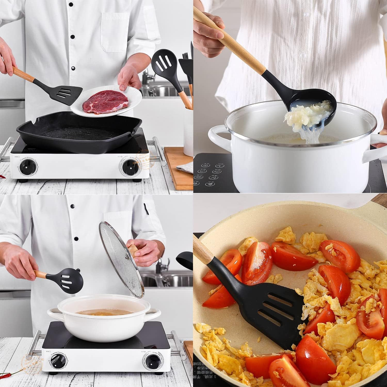 SKYTONE Silicone Spatula and Utensils Spoon Set 12-Piece Silicone Kitchen Cooking Utensils Set, Non-Stick Utensils Set Heat Resistant Easy Clean, BPA Free (Black) 2