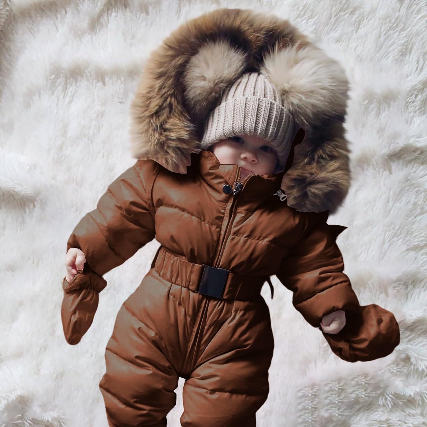Baby Boys Snowsuit Newborn Girls Winter Coat Cute Ski Jumpsuit Zip up Faux Fur Hood Outerwear Insulated Snow Suit Down Jacket