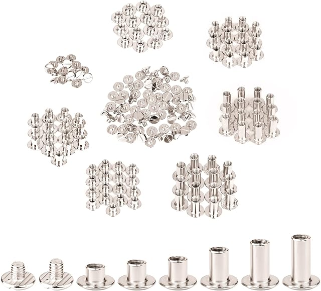 AIEX 90 Sets Chicago Screws Assorted Kit, 6 Sizes Round Flat Head Screw Rivets Leather Rivets Chicago Buttons for DIY Leather Craft Bookbinding (M5 x 4, 5, 6, 8, 10, 12mm)