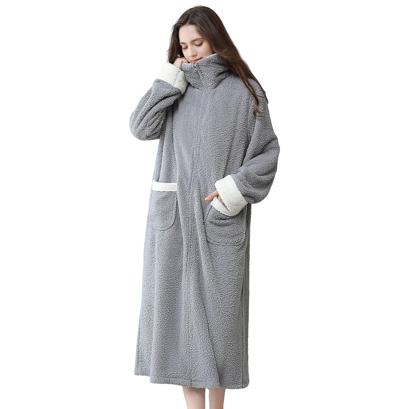 Batas de felpa con cuello delantero con, Gray M
