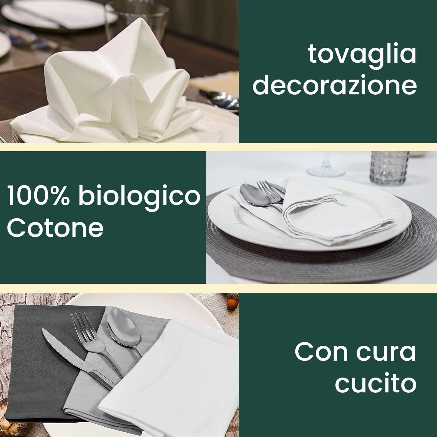 mon bijou® Set 6 Tovaglioli di Stoffa Bianchi 45x45 cm – 100% Cotone Biologico Certificato GOTS – Eleganti Lavabili Riutilizzabili – Sostenibili per Natale Pasqua Tavola Cucina Feste