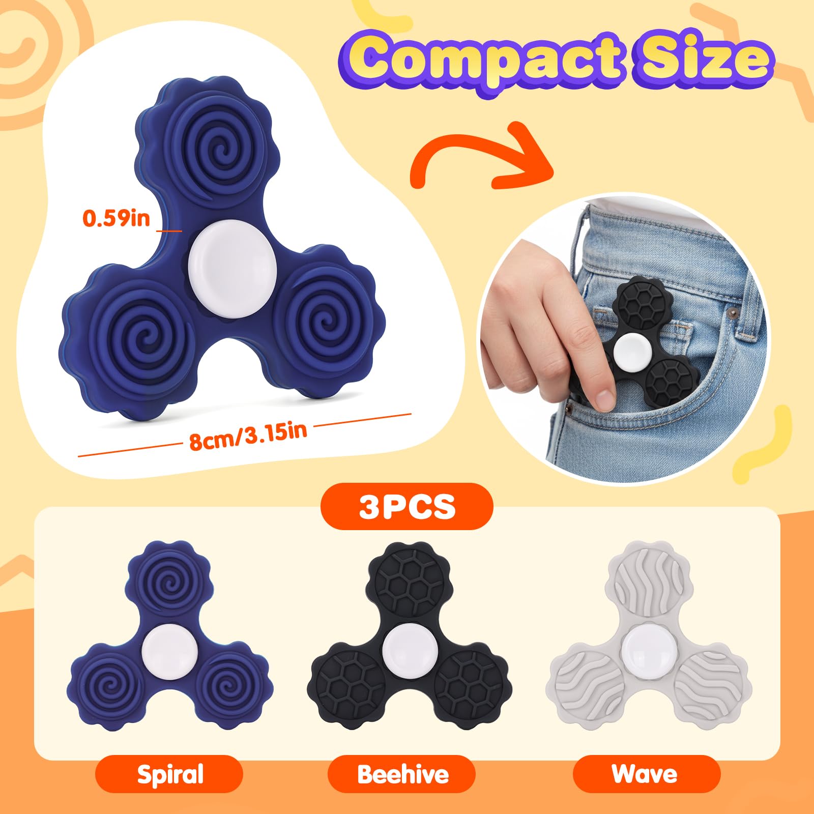 3 PCS Silicone Fidget Spinners, strutturato giocattoli sensoriali per adulti