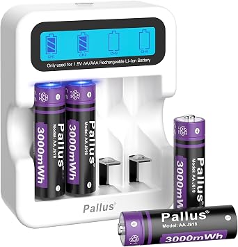 Rechargeable Lithium AA Batteries with 2H Fast Charger, 3000mWh High Capacity Double A 1500 Cycle Rechargeable Battery for Camera, Camcorder, Great for High Power Consumption Devices 4 Pack