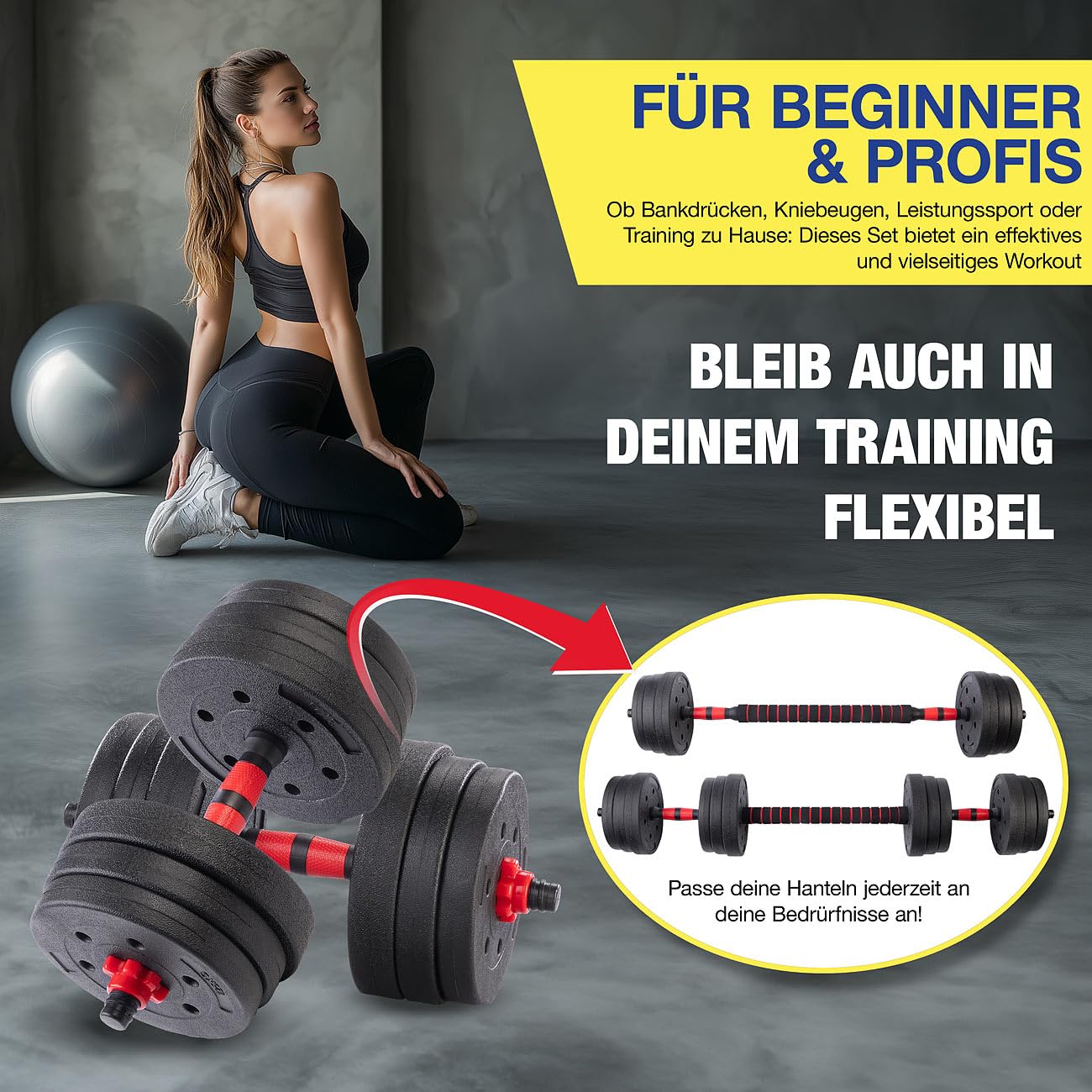 PEARL Sports Hantel: 2in1-Kurz- und Langhantel-Set, 29 kg, verstellbar, Sternverschlüsse (Kurzhantel, lang Hantel, Trainer)