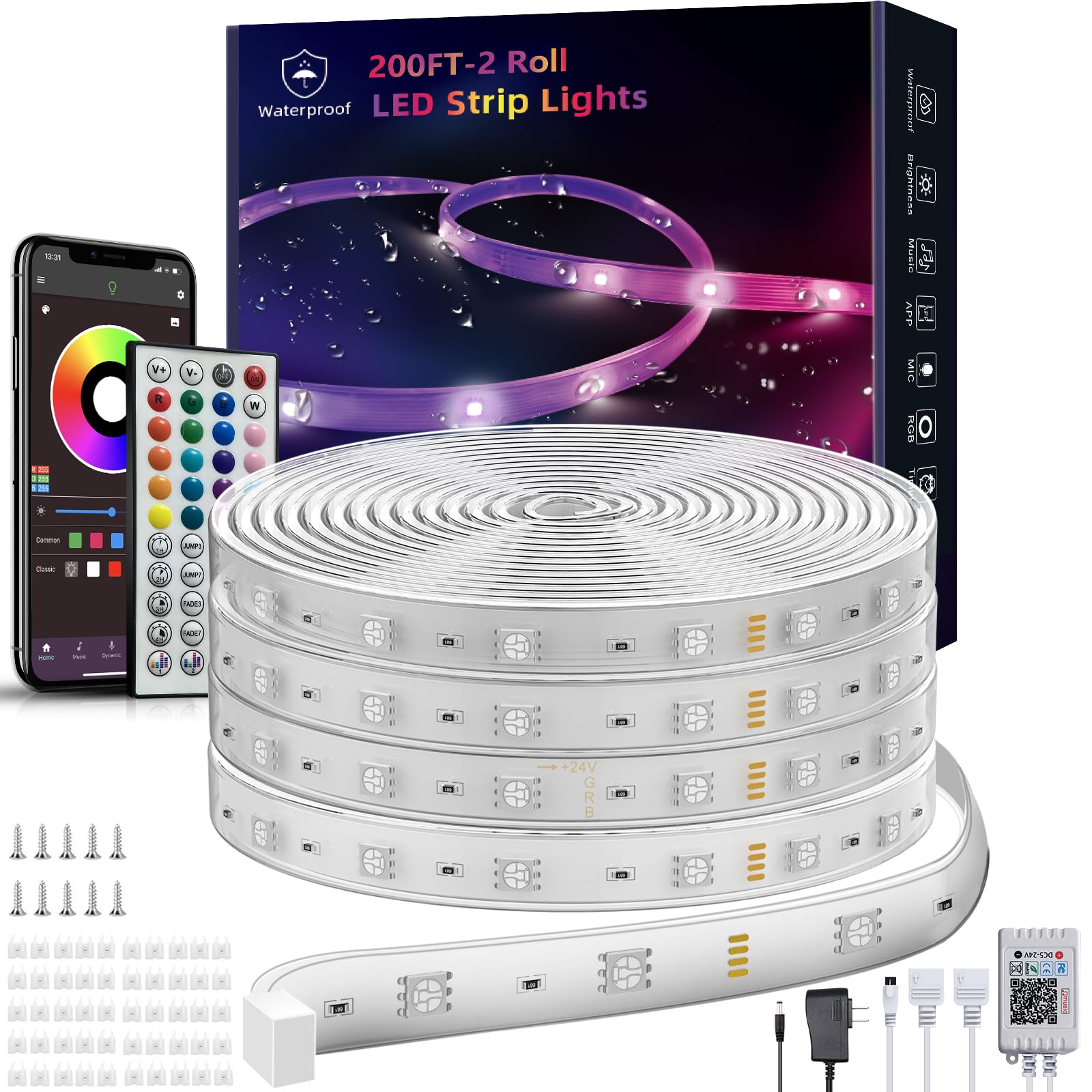 Ledagic Outdoor Led Strip Lights Waterproof 198ft (2*99ft), Ip65 Outside Led Light Strip Waterproof with Remote and App Control, Exterior Led Rope