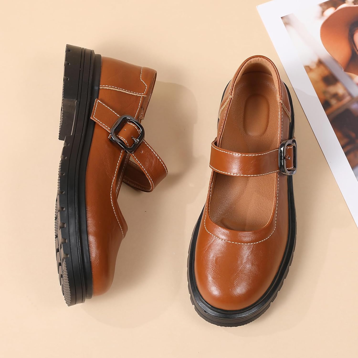 Mary Jane Shoes Women Oxford Shoes Leather Round Toe Flats Non-Slip Ankle Buckle Strap Comfort Casual Dressy Cosplay Party School Work Shoes - Image 3