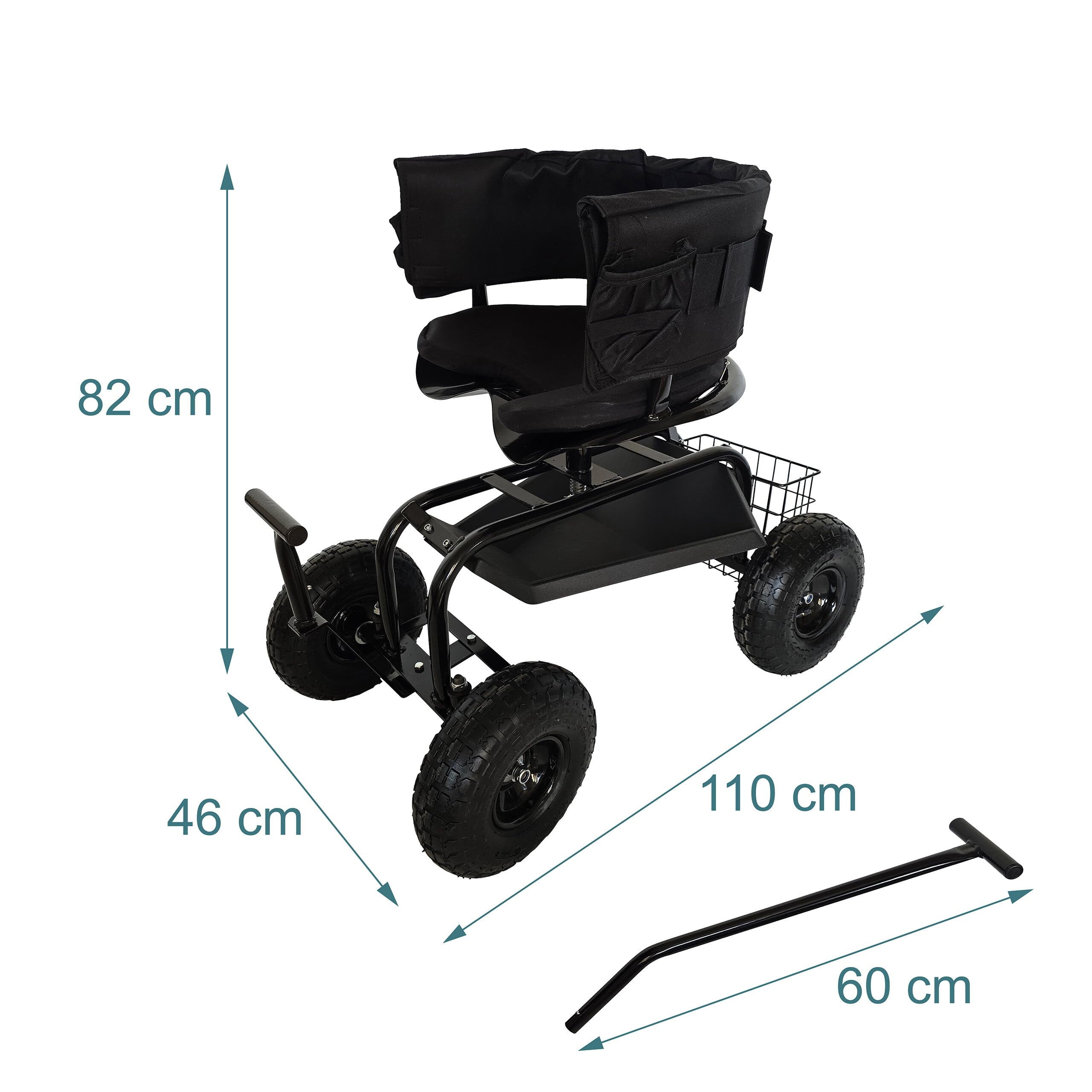 Relaxdays Siège de Jardin Roulant, Hauteur réglable, 150 kg, Rangement, Guidon, Coussin, Dossier, Chariot de Jardin Noir