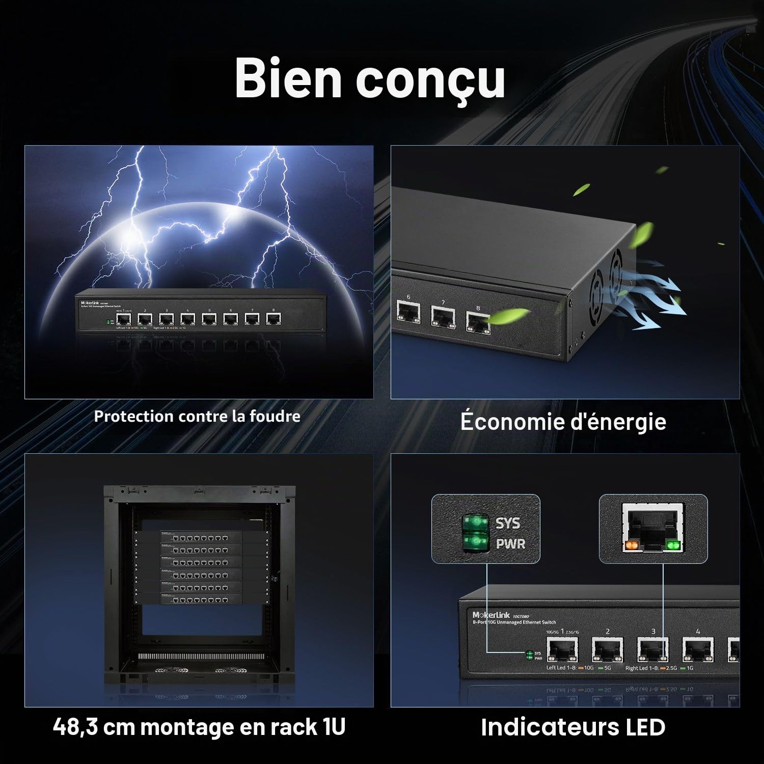 MokerLink Commutateur réseau Ethernet non-géré 10G 8 ports, 10G/5G/2,5G/1G auto-adaptatif, Plug and Play, Commutateur réseau de bureau en métal|à montage sur rack