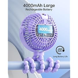 SWEETFULL Portable Stroller Fan with LED Display, 4 Speed Rechargeable Mini Clip On Fan, 360 Rotate Flexible Tripod Better Cooling Small Baby Fan for Car Seat Crib Travel Bike Treadmill (Purple)