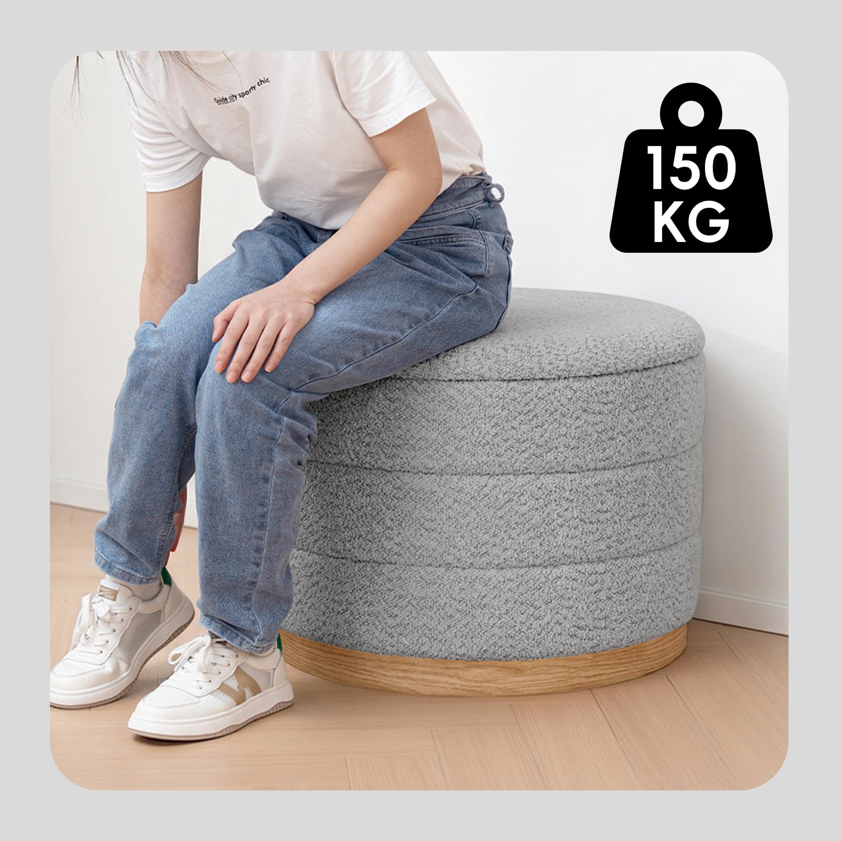 PINPLUS Runder Chenille Sitzhocker mit Stauraum, 2-in-1 Couchtisch & Fußhocker, klappbarer gepolsterter Hocker für Wohnzimmer, Schlafzimmer & Flur, 58 x 58 x 44 cm, Silbergrau