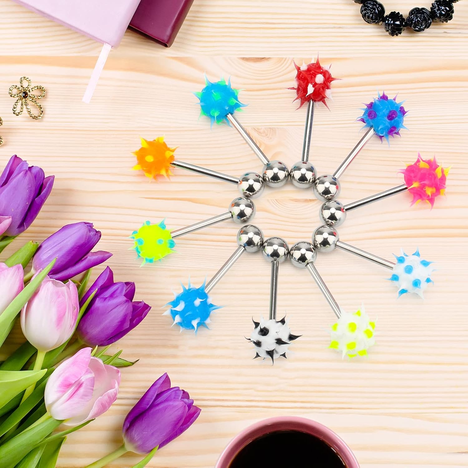 CrazyPiercing 10pcs Surgical Steel Spiky Acrylic Fire Tongue Nipple Ear Rings Bar Barbell Stud Piercing(Random Color)