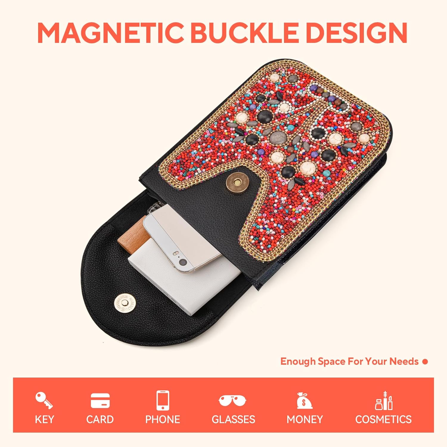 Small Beaded Crossbody Bag for Women, Boho Cell Phone Shoulder Purse Wallet with Handcrafted Colorful Beads - Image 5