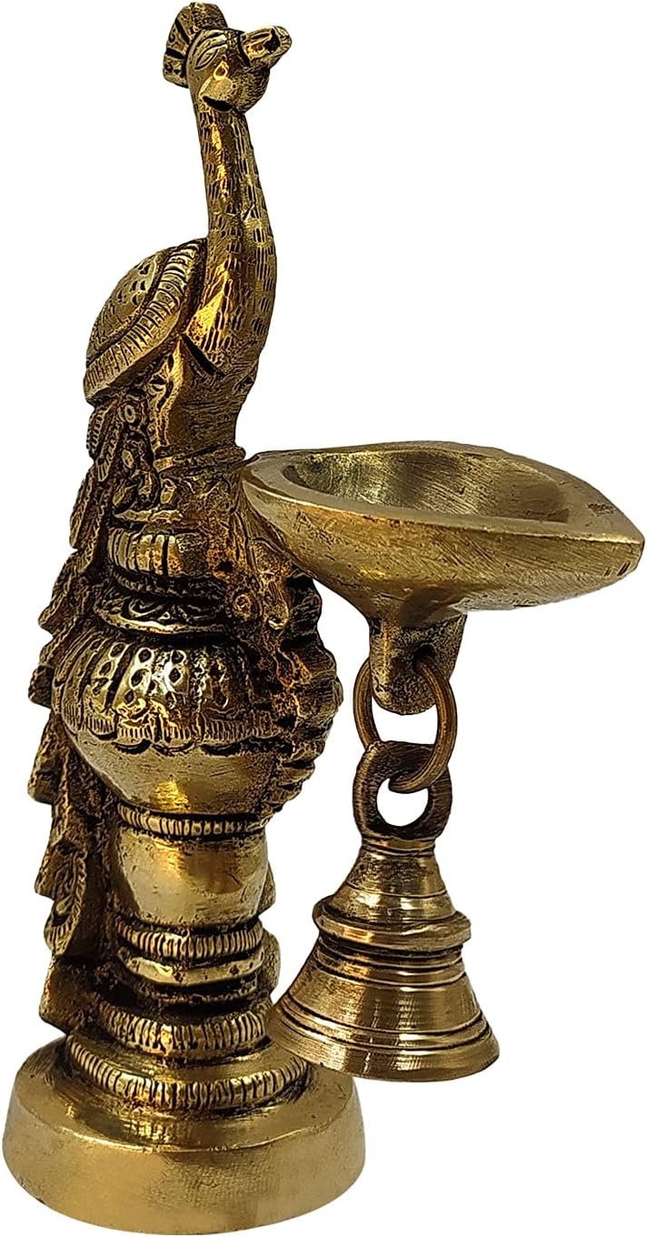 Kartique Brass Peacock Decorative Diya with Traditional Bell Antique Deepak Design Table Decor with Stand for Home Diwali Gift Temple Pooja Gold Color Height 6.5 Inch Set of Two
