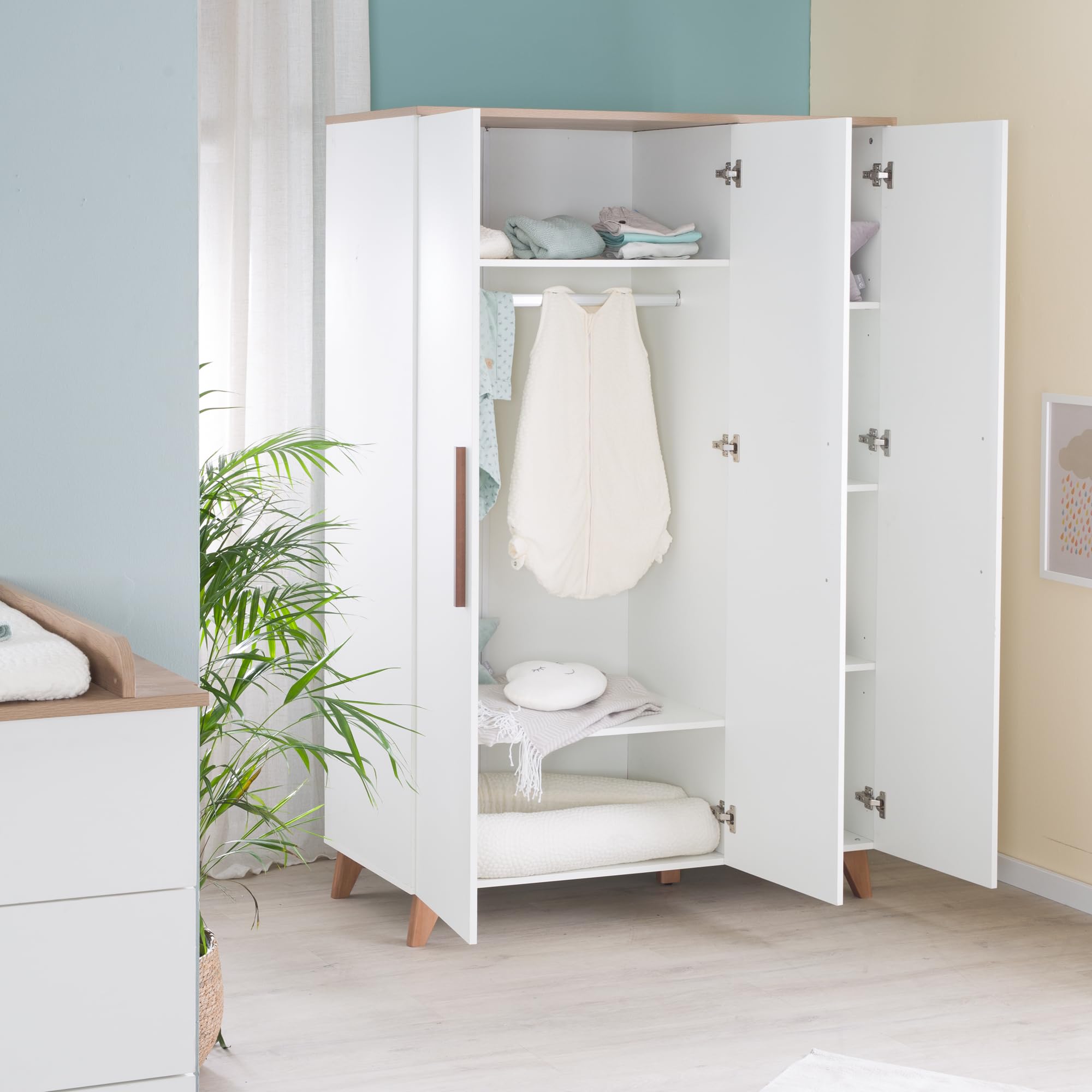 roba Set per cameretta bambini 3 pezzi Lettino 70x140 cm convertibile fasciatoio 3 cassetti armadio bambini Maniglie piedi legno massello Bianco rovere scuro