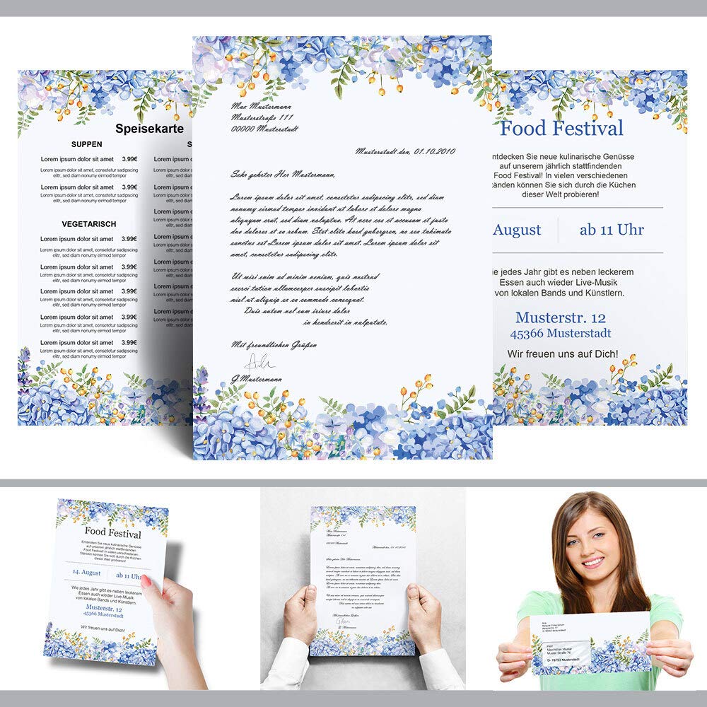 ORTENSIE BLU Carta da Lettera Decorata A4 20 Fogli