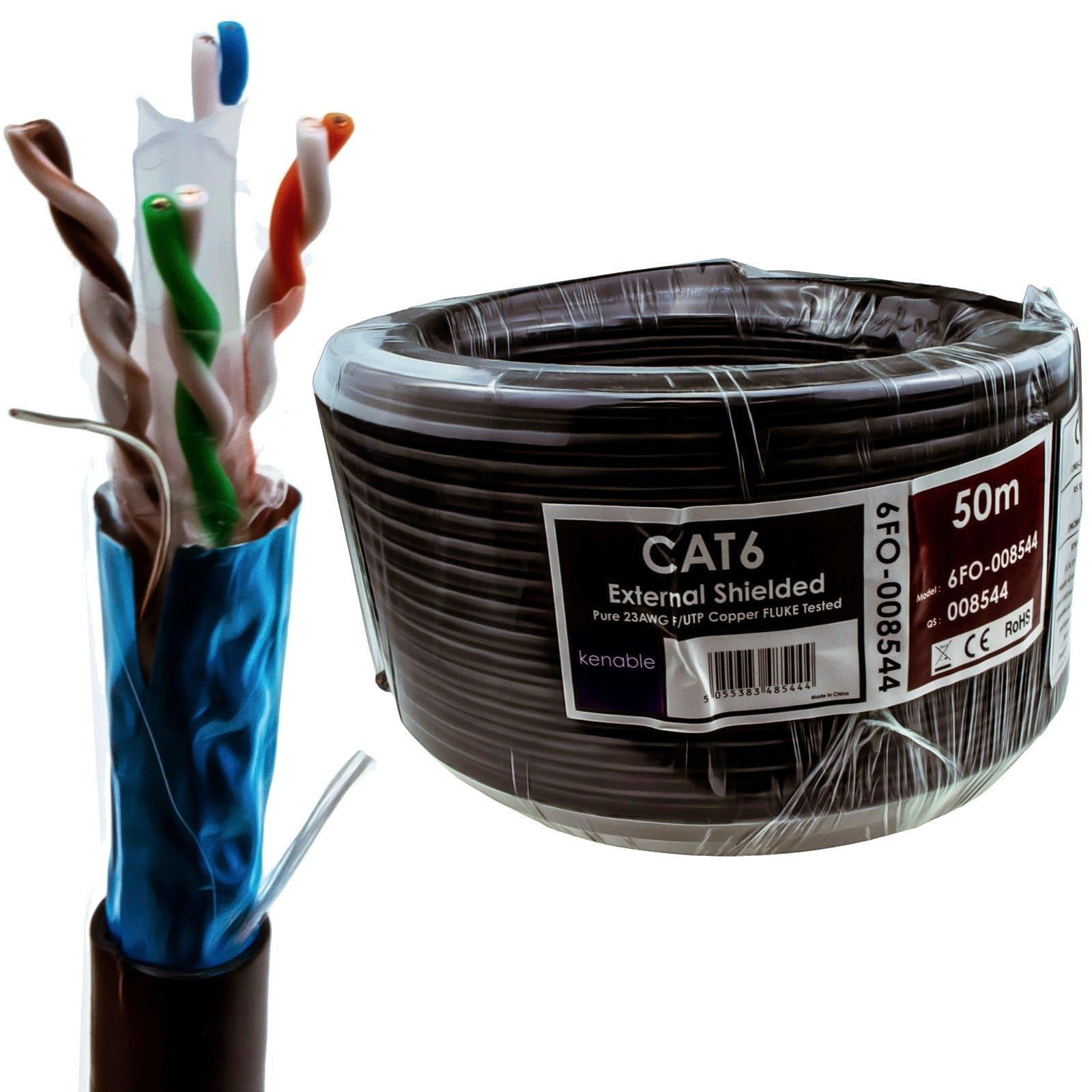 kenable Cable Ethernet Cat6 F/UTP Exterior COBRE Apantallado con Bobina para Uso Exterior Subterráneo Resistente UV 50m Negro