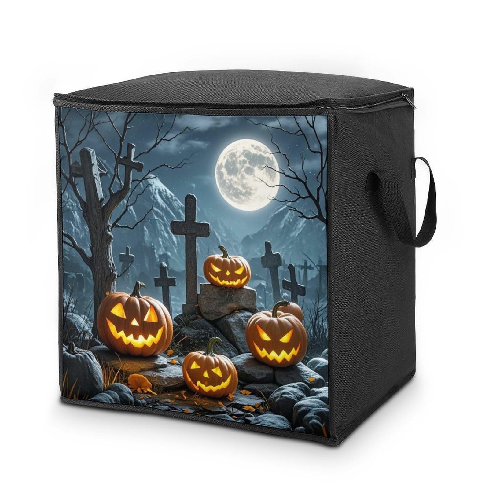 Cemetery Pumpkin Lantern Storage Bag with Zippers And Handle Extra Large Bedding Comforter Storage Bag Foldable Blanket Storage Bags Fabric Moving Bags for Closet Organizer (70L)