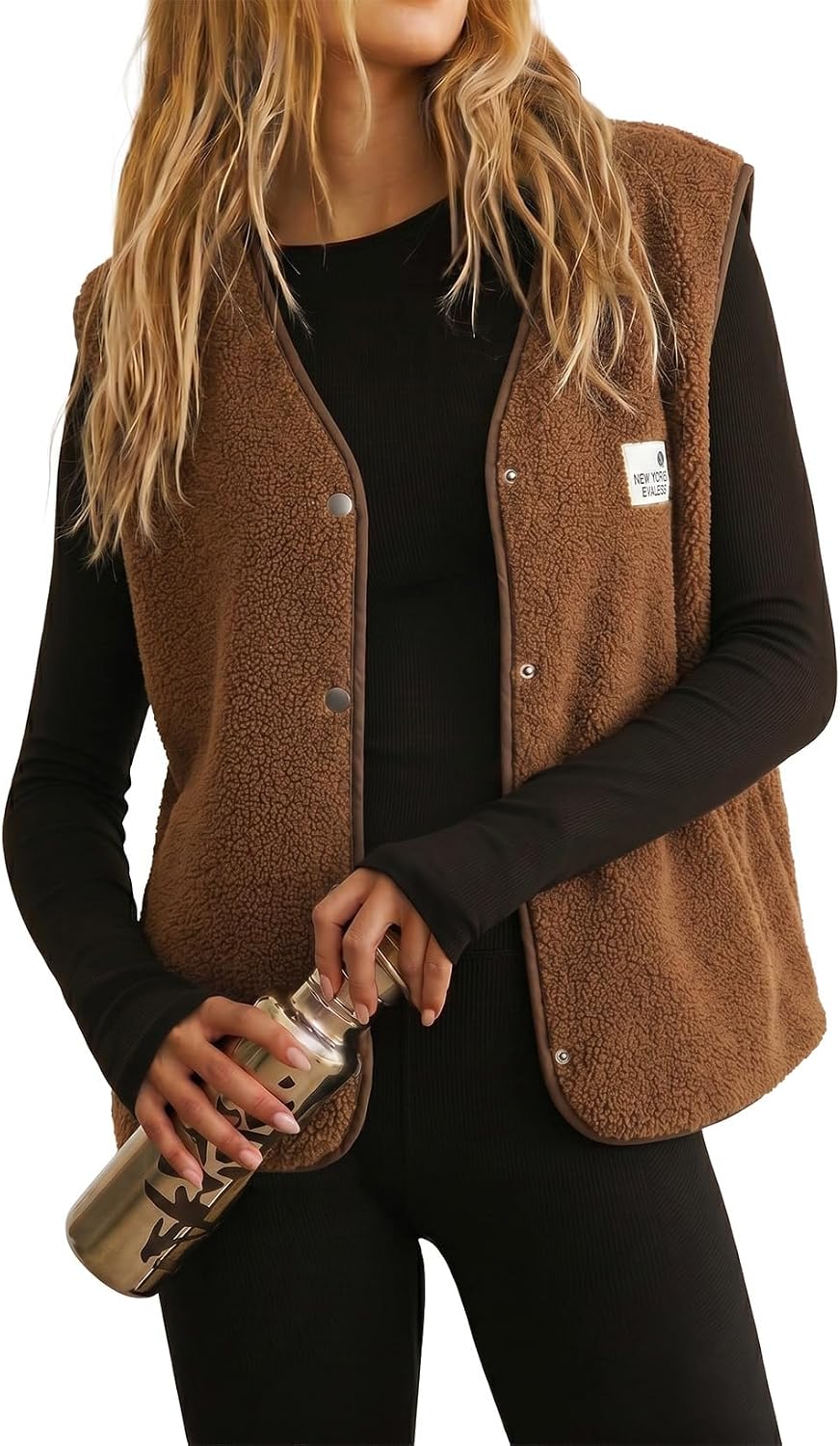 EVALESS Women's Sherpa Fleece Vest Snap Button Outerwear Top with Pockets | Hiking Sherpa Vest for Women, Fleece Sleeveless V Neck Jacket, Vacation Travel Outerwear, Warm Dressy Coats, 2026 Trendy Top