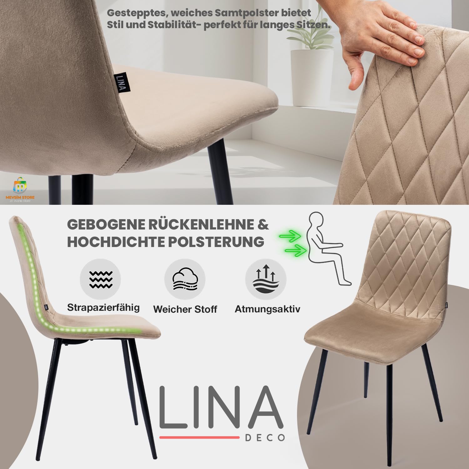 Set Van 6 Linnen Eetkamerstoelen, Massief Houten Poten, Dikke Kussens Verstelbare Poten Grijs