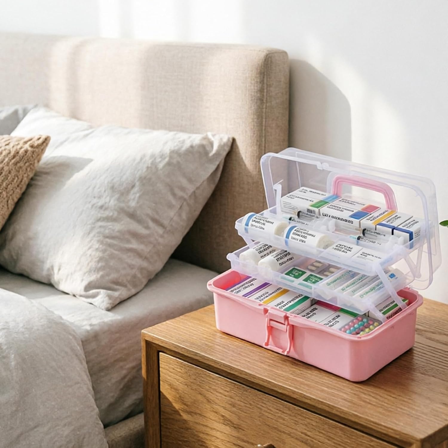 Pink IVF Medication Organizer 3-Layer Divided Plastic Storage Box 12 Inch Portable Folding Caddy with Handle Multipurpose Utility Box for IVF Supplies Medicine Sewing and Craft
