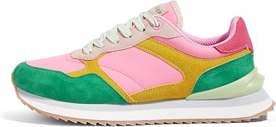 LUCKY STEP Womens Platform Fashion Sneakers Suede Colorful Colorblock Stylish Retro Casual Neutral Tennis Running Footwear Walking Shoes