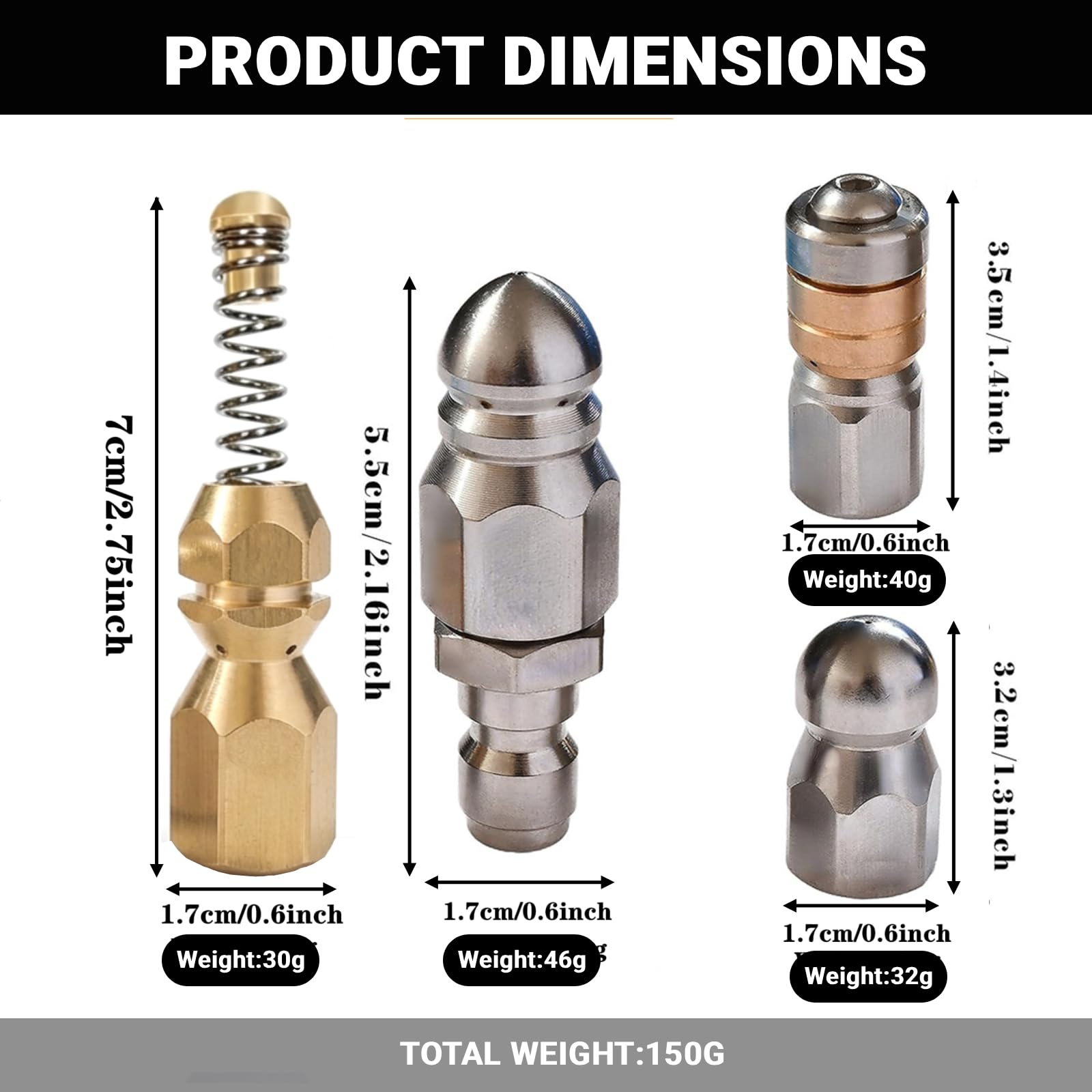 Set de 4 Boquillas para Limpieza de Cañerías | 1/4 Pulgada para Manguera de Limpiadora de Alta Presión Acero Inoxidable y Latón – Ideal para WC, Lavabos, Desagües