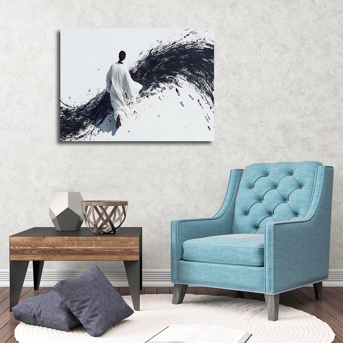 CHERHERART Chiński obraz z umytym atramentem czarno-biały obraz ścienny na płótnie czarno-białe fale minimalistyczna figura orientalny plakat na płótnie Feng Shui obraz wewnętrzny 70x100cm