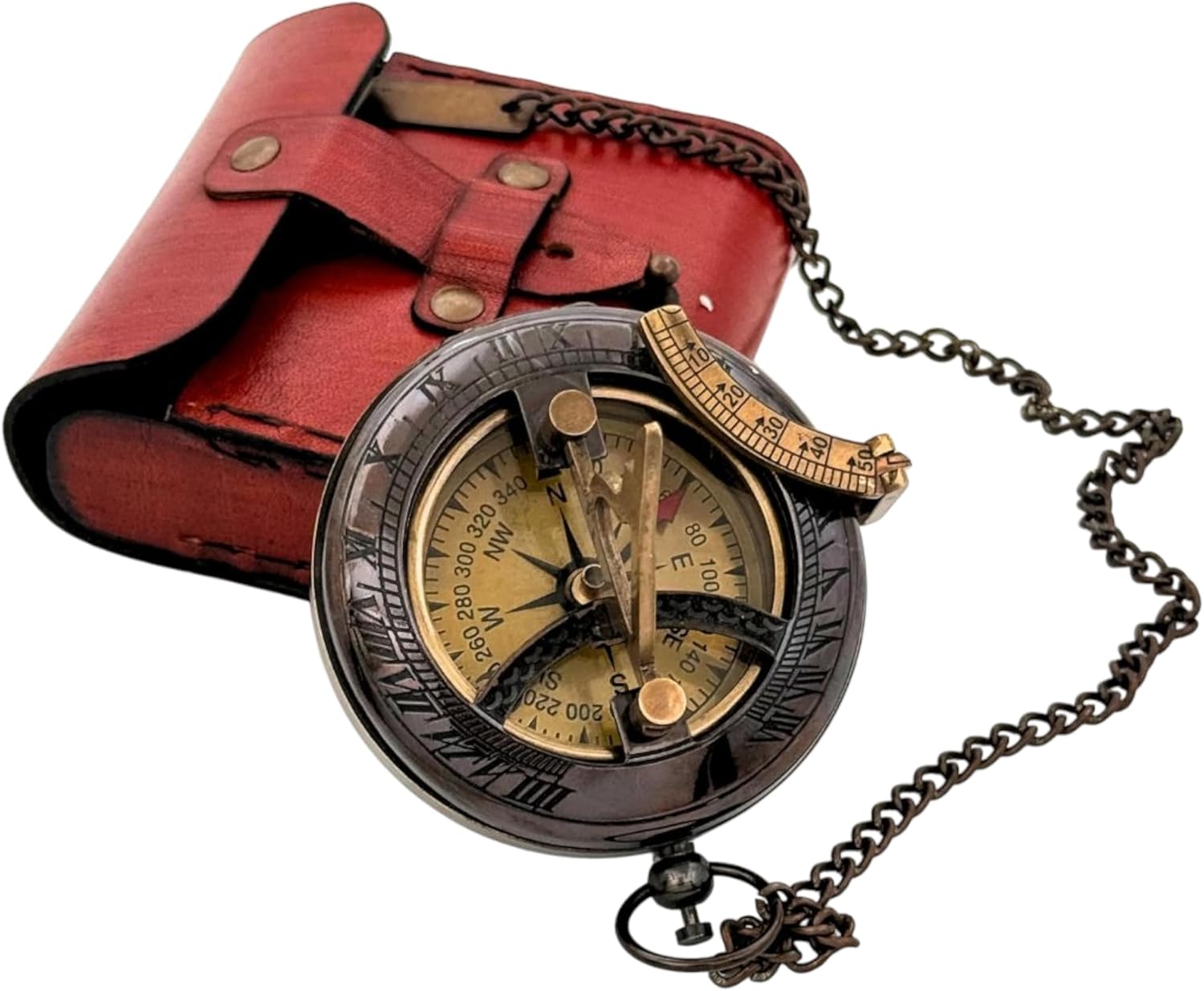 Vintage Brass Black Sundial Compass with Leather Case - Antique Brass & Copper Sun Clock for Camping, Hiking, Touring - Engraved Gift for Him - Nautical Ship Replica Watch - Sundial Clock in Box