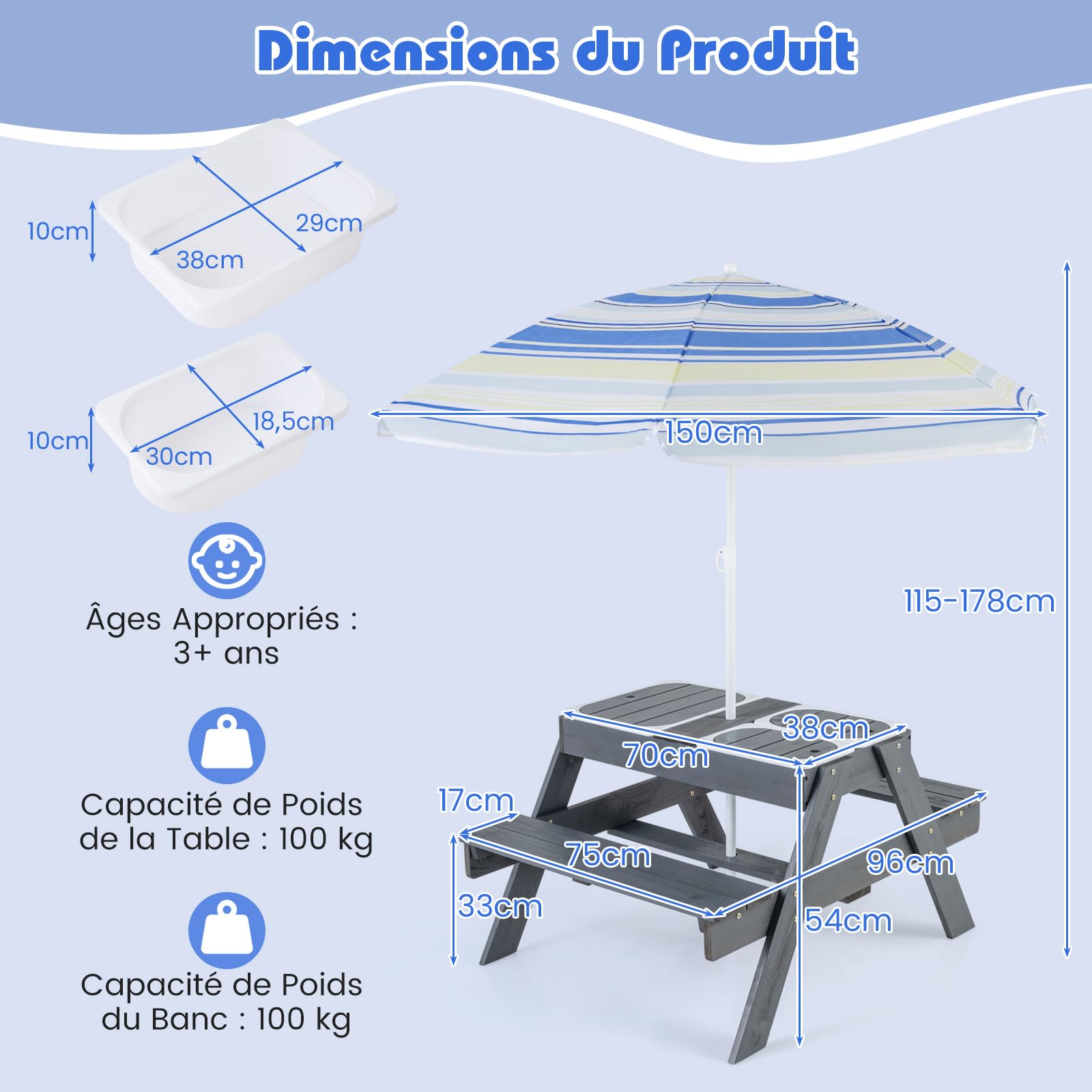 DREAMADE Table de Pique-Nique Enfant en Bois avec Parasol Amovible,Tables Extérieur Garçons Filles avec Bancs de Jardin&3 Boîtes à Couvercle,96x75x54CM (Grise+Coloré)