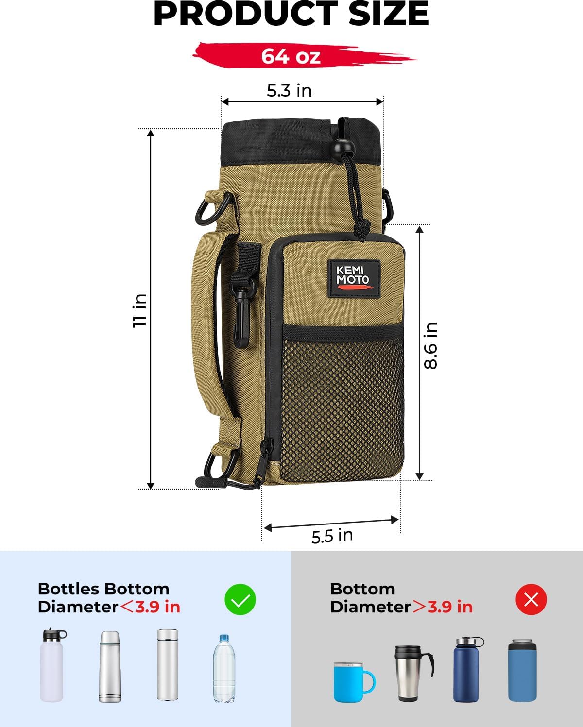 KEMIMOTO Water Bottle Holder Bag, Water Bottle Carrier with Adjustable Shoulder Strap, Water Bottle Pouch Holder for Hiking, Camping, Fishing, Compatible with YETI Stanley SLM 32 oz, 40 oz, 64 oz - Image 6