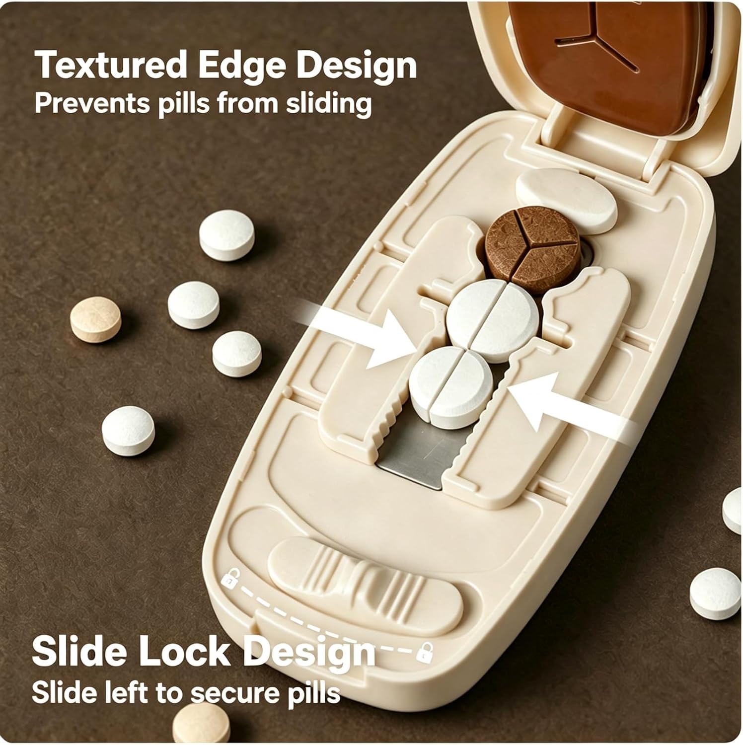 Pill Cutter Splitter for Small and Tiny Pills, Adjustable Pill Cutter for 1/2 1/4 Cutting, Vitamins, Tablets in Half or Quarters Sharp Stainless Steel Blade with Safety Guard