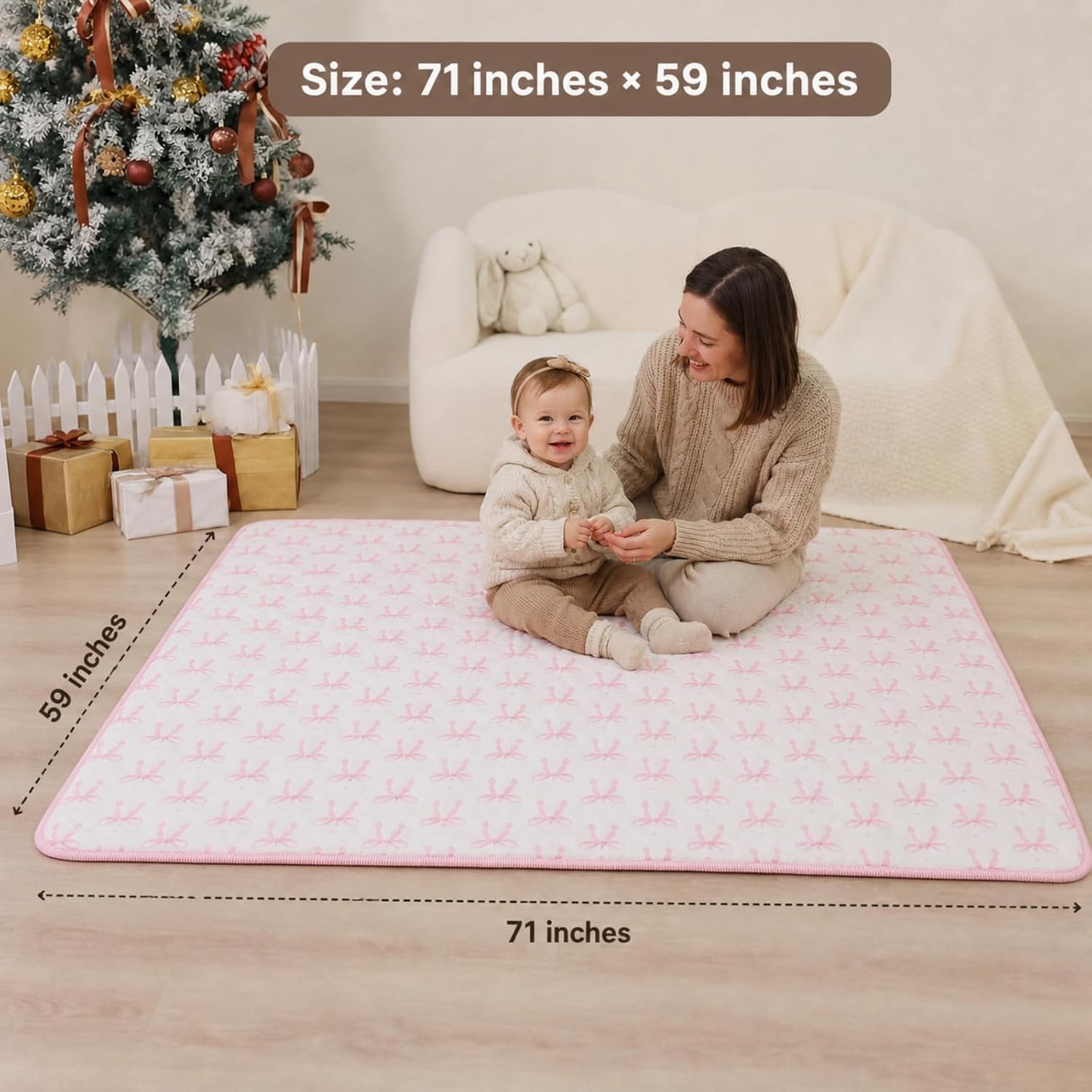 Mifoci 71x59in Pink Bow Baby Play Mats for Floor, Cushion Playpen Mat