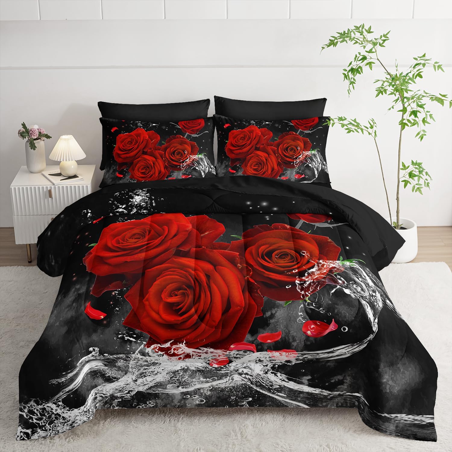 AILONEN 3D Oil Painting Red Rose Comforter Set for Girls Queen Size,7-Piece Gorgeous 3D Rose with Water Bed in a Bag,Comforter & Fitted Sheet with Flat Sheet & 2 Pillowcases,2 Pillow Cases