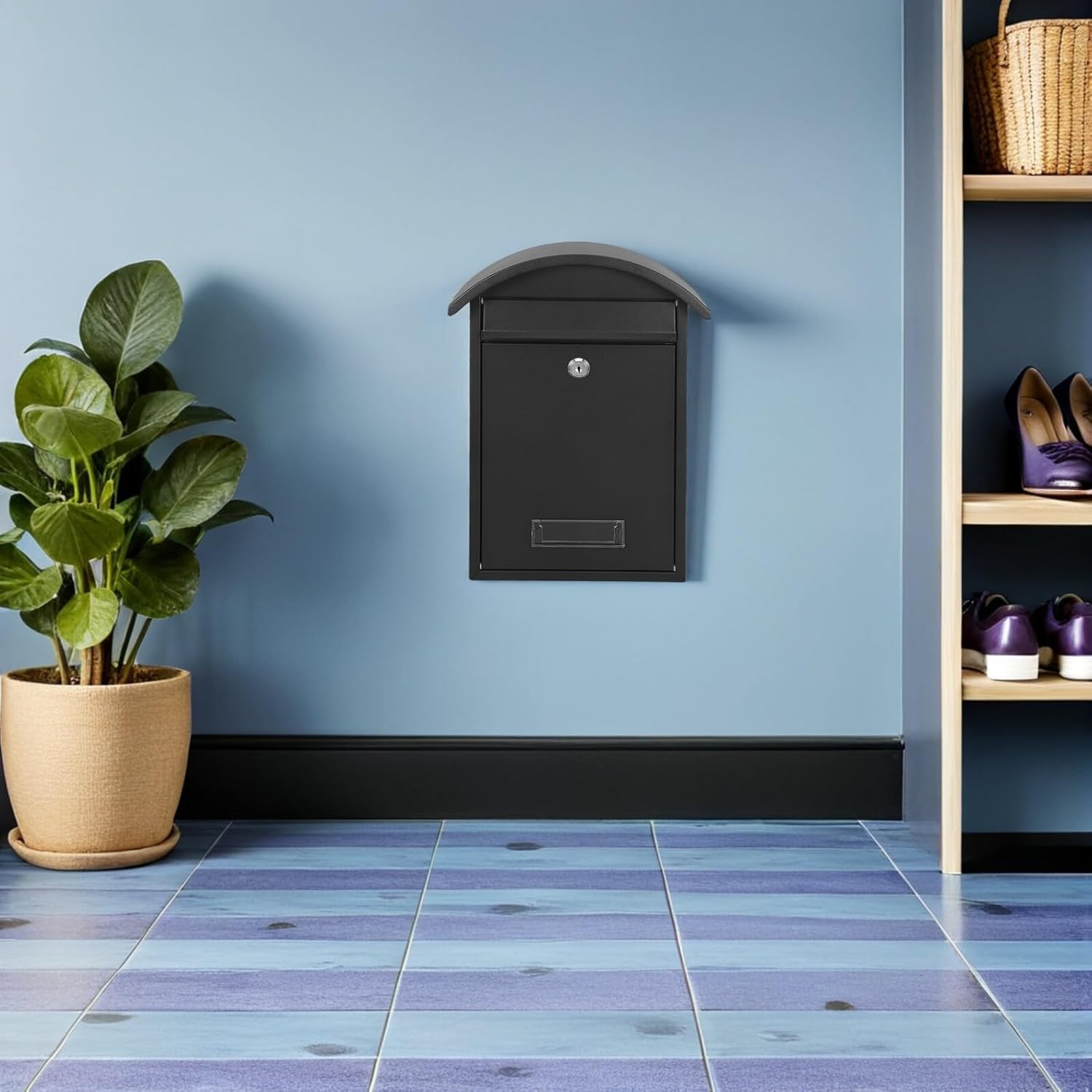 Locking Wall-Mount Mailbox Black with Security Lock, Outdoor 14"x10"x4" Letter Box for Home and Office Mail Organization