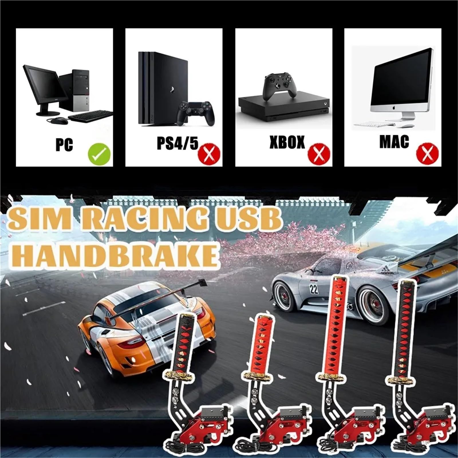 Dźwignia Hamulca Ręcznego Samochodu 15CM/26CM Katana Hamulec ręczny Miecz samurajski Hamulec ręczny do USB G25/27/29 T300 T500 PC SIM Gry wyścigowe Czarny Czerwony