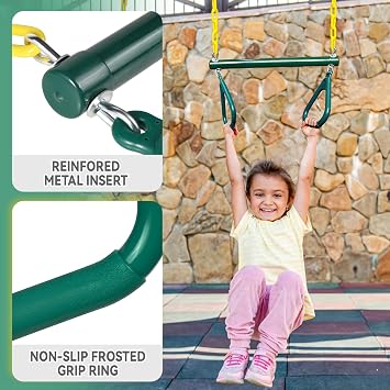 SEKKVY 16 Trapeze Swing Bar with Gym Ring & Toddler Swing, Swing Set Accessories with 66 Heavy Duty Chains, Holds Up to 250lbs, Playground Set for Backyard, Trees, Playroom (Green, 2Pack)