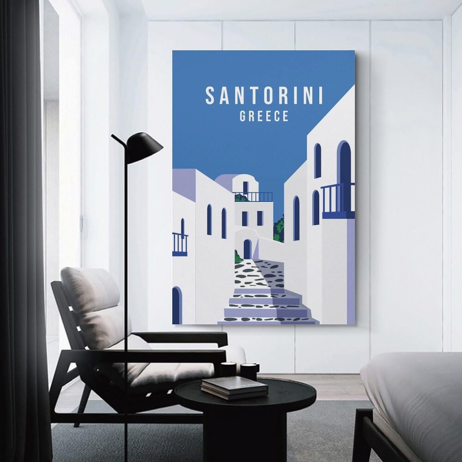 Junmoney Hanging Wall Art Welcome Santorini, 08x12inch(20x30cm), for Wall Displays, Bedrooms Or Room Updates, Decorative Artwork with Flexible Styling